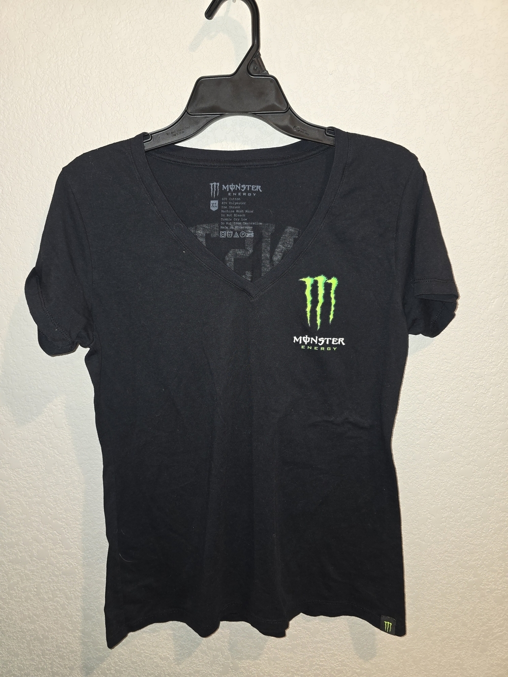 Monster Energy Women's Black V-Neck Tee with Neon Green Logo